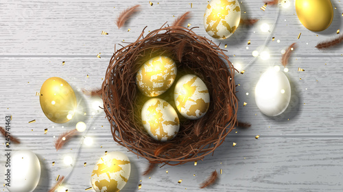 Happy Easter festive banner. Beautiful background with realistic wicker nest, white and golden eggs, sparkling gold confetti, shining garland and chicken feathers. Greeting vector illustration.