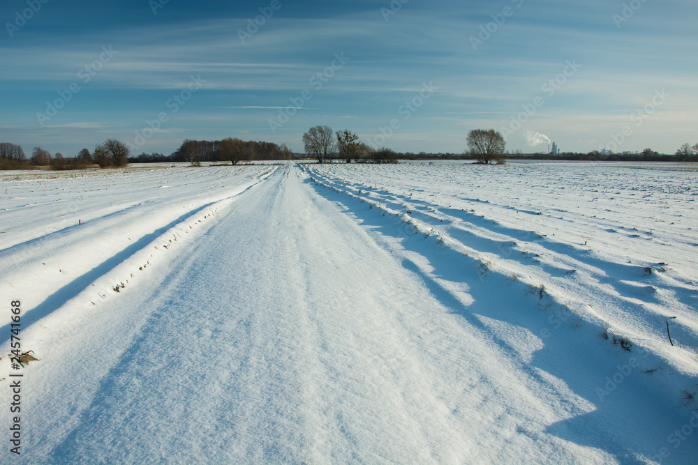 Road and fields covered with snow, horizon and blue sky