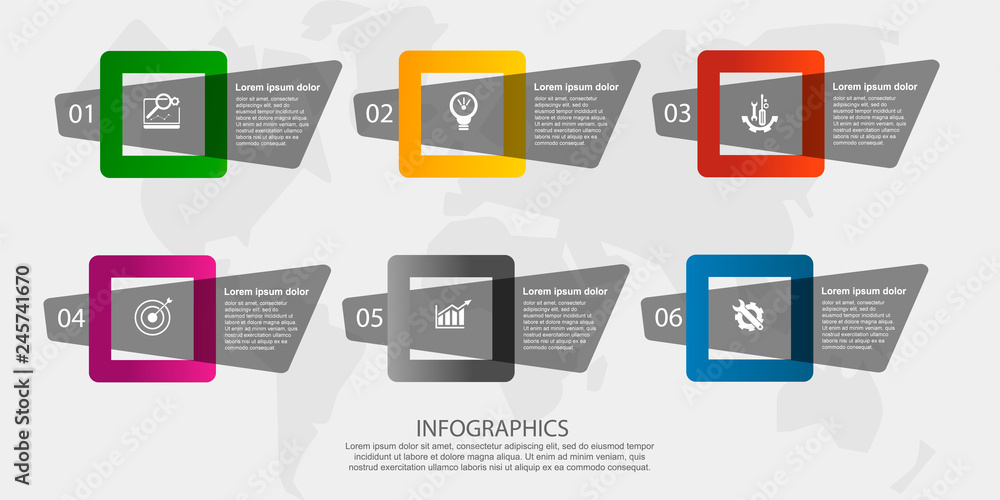 Modern 3D vector illustration. Petal label infographic template with six elements and squares. Contains icons and text. Designed for business, presentations, workflow layout, 6 step diagrams