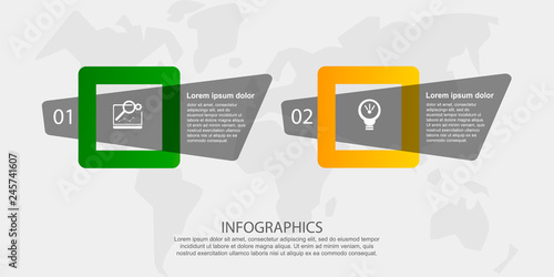 Modern 3D vector illustration. Petal label infographic template with two elements and squares. Contains icons and text. Designed for business, presentations, workflow layout, 2 step diagrams.