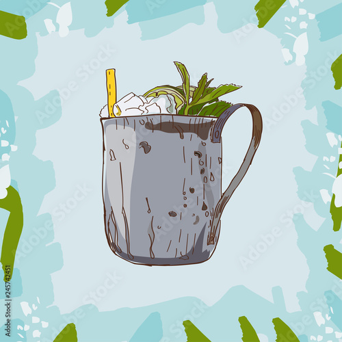 Mint julep cocktail. Hand drawn vector illustration. Pop art