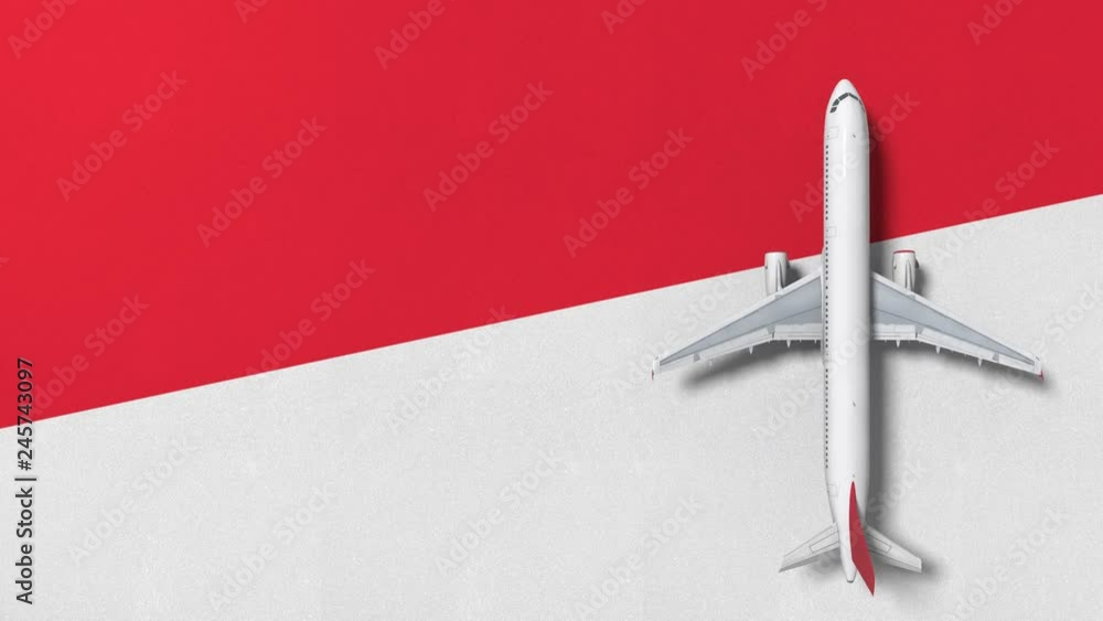 Airplane on the flag of Indonesia. Flights related conceptual 3D animation Airplane on the flag of Indonesia. Flights related conceptual 3D animation