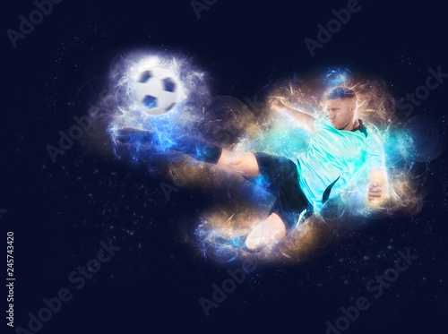 soccer player in fire kicking the ball in the air isolated