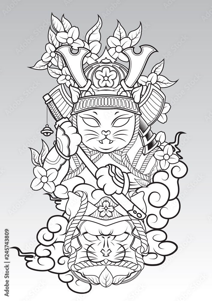 Cat Samurai on colud and Sakura blossom., Japanese Tattoo style. Cat Samurai on colud and Sakura blossom., Japanese Tattoo style.