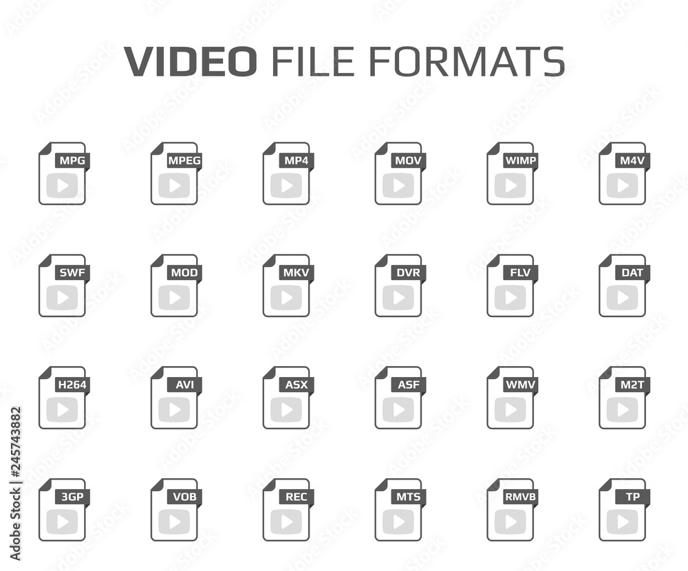 Flat style icon set. Video, movie, film file type, extencion. Document format. Pictogram. Web and multimedia. Computer technology.