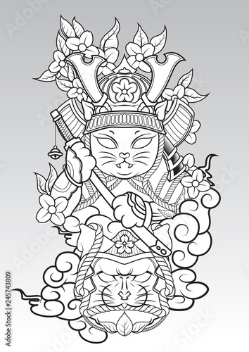 Cat Samurai on colud and Sakura blossom., Japanese Tattoo style.