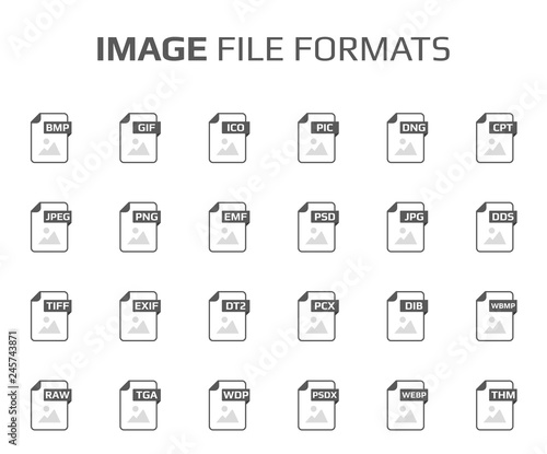 Flat style icon set. Bitmap image file type, extencion. Document format. Pictogram. Web and multimedia. Computer technology. photo