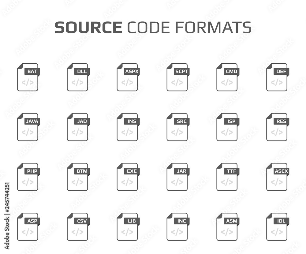 Flat style icon set. Source code, programming file type, extencion. Document format. Pictogram. Web and multimedia. Computer technology.