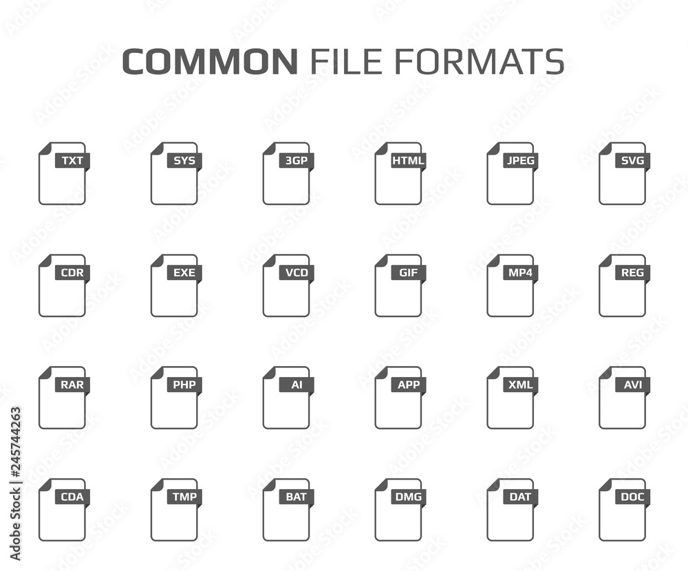 Flat style icon set. System,common file type, extencion. Document format. Pictogram. Web and multimedia. Computer technology.