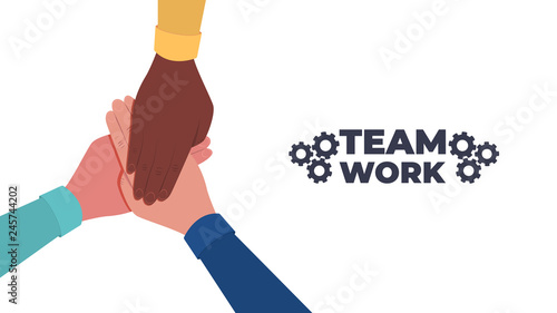 Hands together. Symbol of teamwork and unity. People putting their hands together. Top view. Vector flat illustration