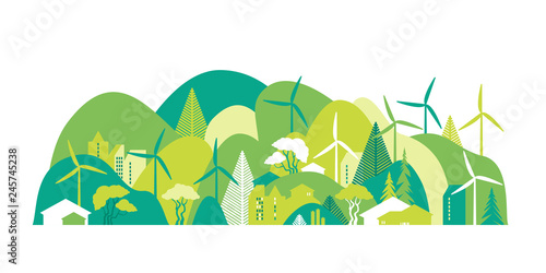 Cityscape with green hills. Preservation of the environment, ecology, alternative energy sources. Vector illustration.