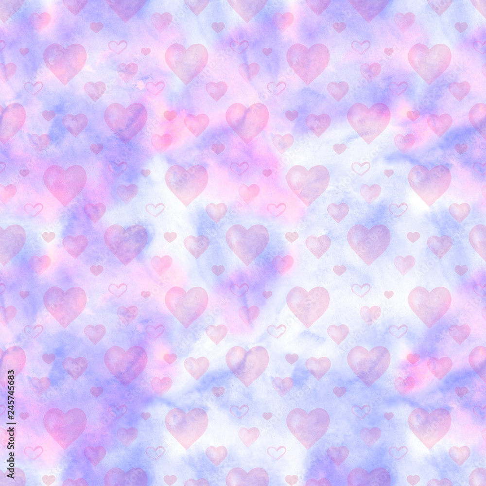 Watercolor seamless pattern with pink hearts and clouds. Perfect for greeting card, wallpaper, textile design. Hand painted illustration