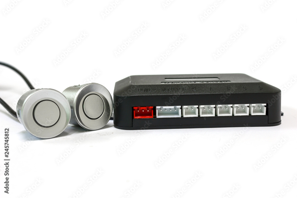 Two sensor and parking system unit on white background, Car accessories.