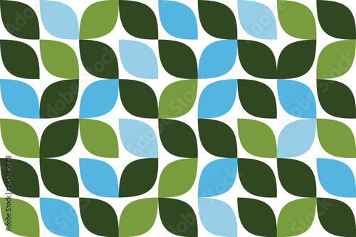 Seamless, abstract background pattern made with leaf like geometric shapes in flower abstraction. Modern vector art. Tones of green and blue colors on white background.