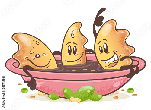 Japanese fried dumplings Gyoza. Fun cartoon character. In the bowl of sauce. On white background. Vector