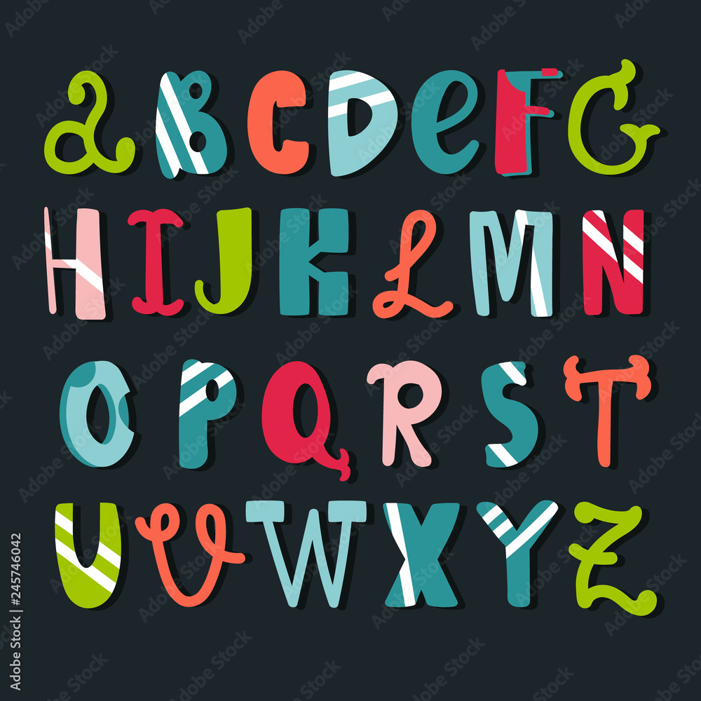 English alphabet vector, typography design. Background with set of decorative latin letters. Poster with colorful latin abc made in modern style. Hand drawn font. Different capital letters, collection