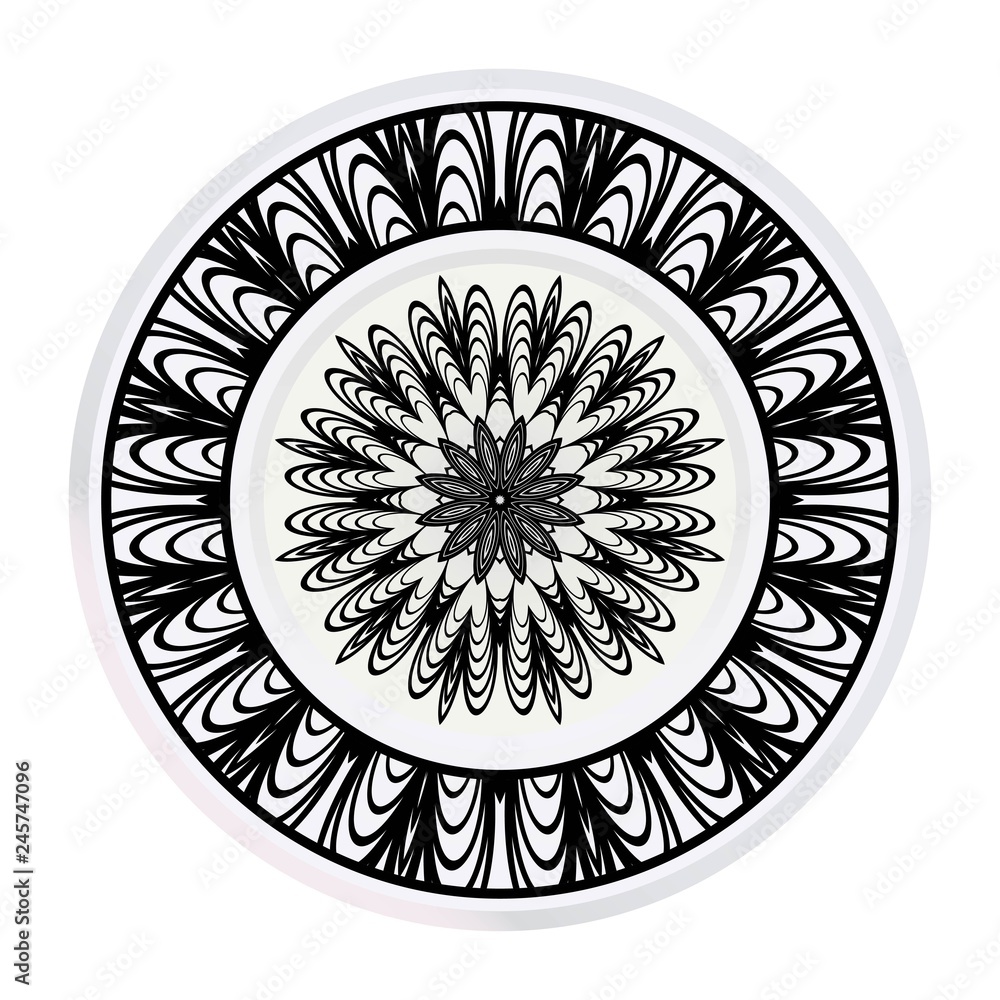 Plates for interior design. Porcelain plate with mandala ornament. Vector illustration. Isolated. Round geometric floral pattern. Interior decoration, home decor element Plates for interior design. Porcelain plate with mandala ornament. Vector illustration. Isolated. Round geometric floral pattern. Interior decoration, home decor element