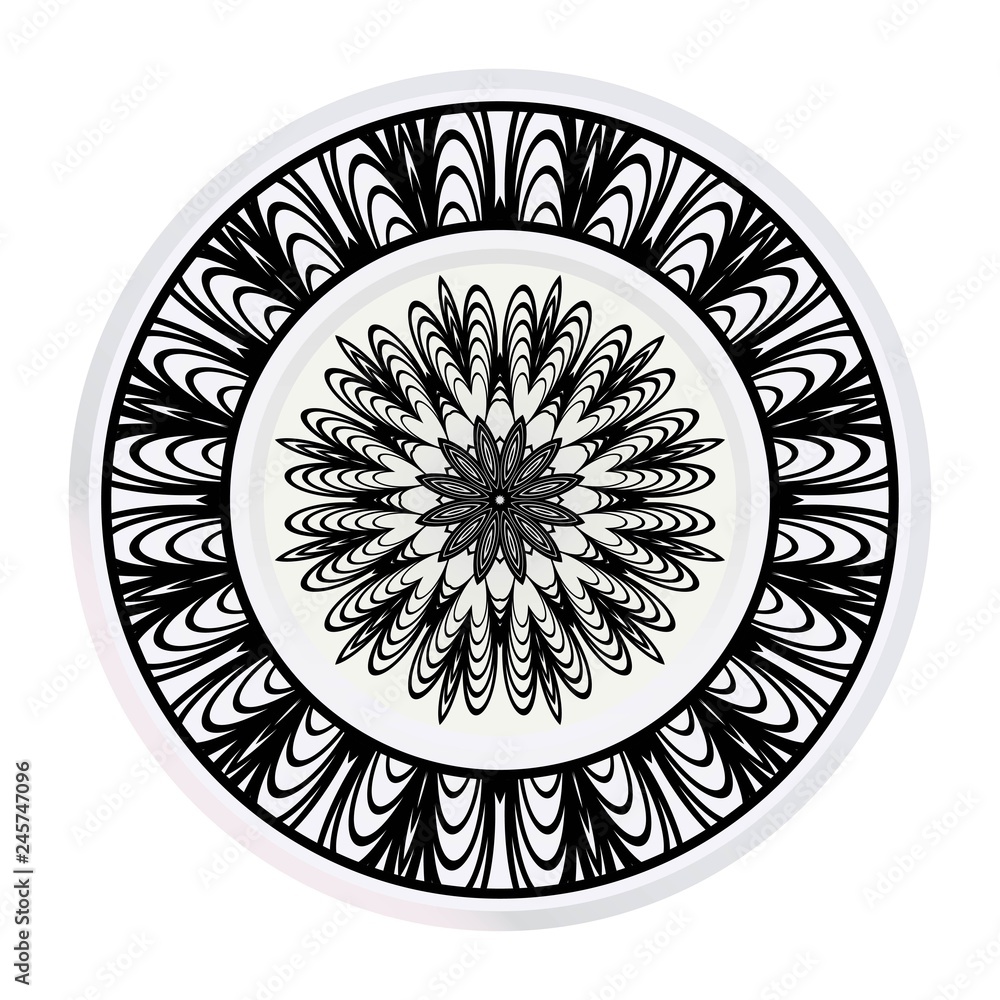 Plates for interior design. Porcelain plate with mandala ornament. Vector illustration. Isolated. Round geometric floral pattern. Interior decoration, home decor element