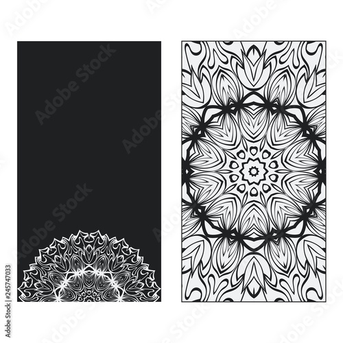 two Yoga card, flyer, poster. Template with mandala for spiritual retreat or yoga studio. Business cards, oriental pattern. Vector illustration. Islam, arabic, indian, ottoman motifs. Black, white