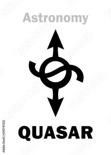 Astrology Alphabet: QUASAR, Enigmatic supermassive brightest object of the Relict radiation of distant galaxies in The Universe. Hieroglyphics character sign (astronomical symbol).