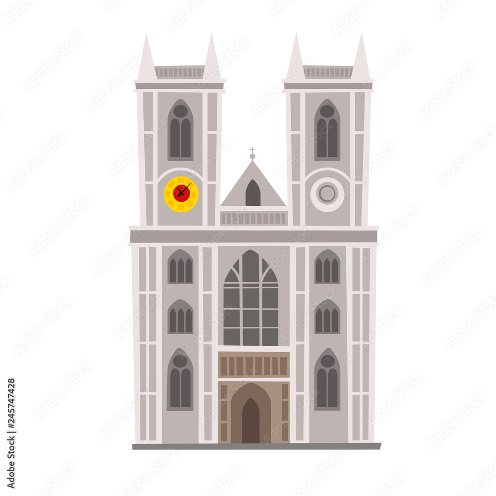 Westminster Abbey vector Illustration. England landmark, London city symbol cartoon style. Isolated white background