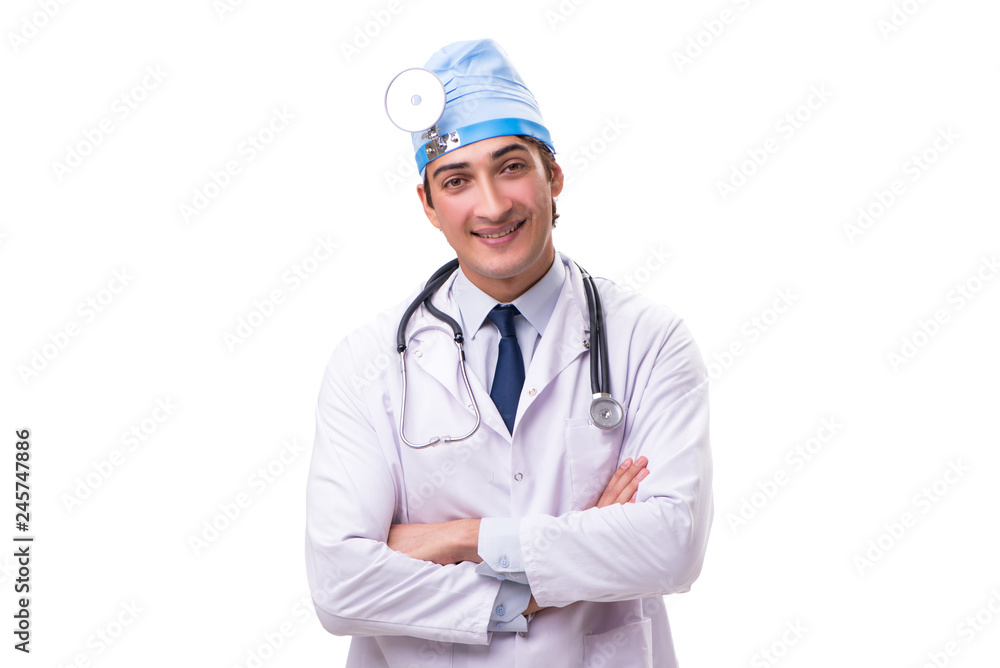 Young handsome doctor otolaryngologist isolated on white Young handsome doctor otolaryngologist isolated on white