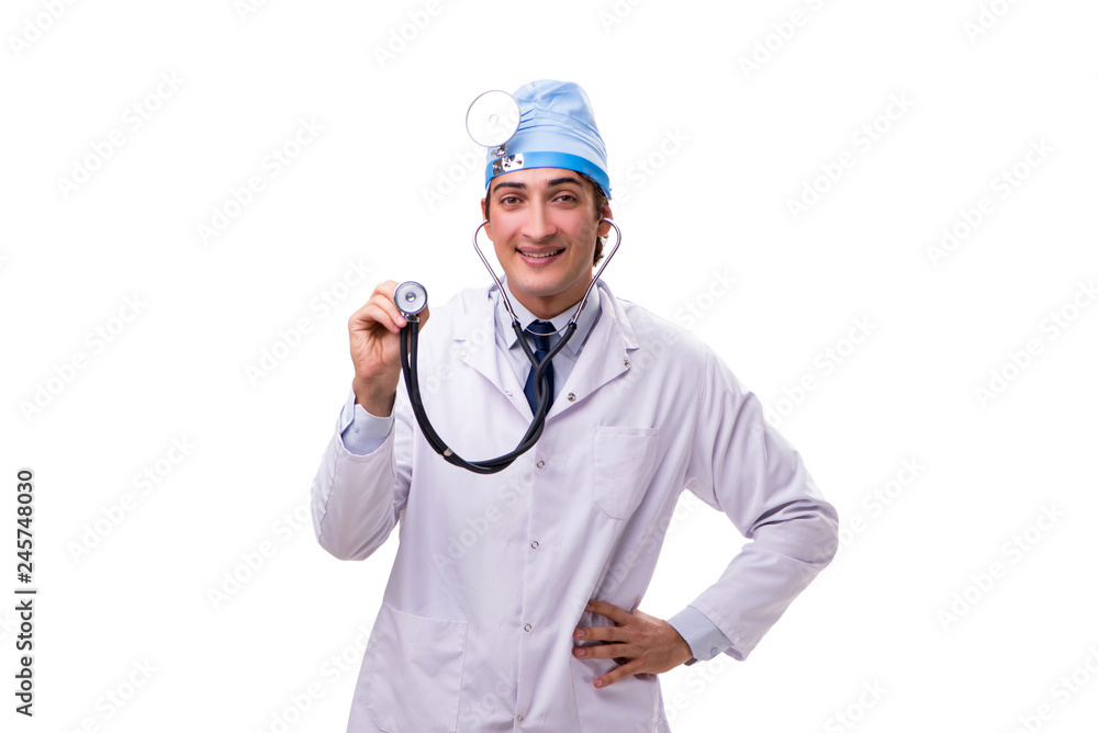 Young handsome doctor otolaryngologist isolated on white Young handsome doctor otolaryngologist isolated on white