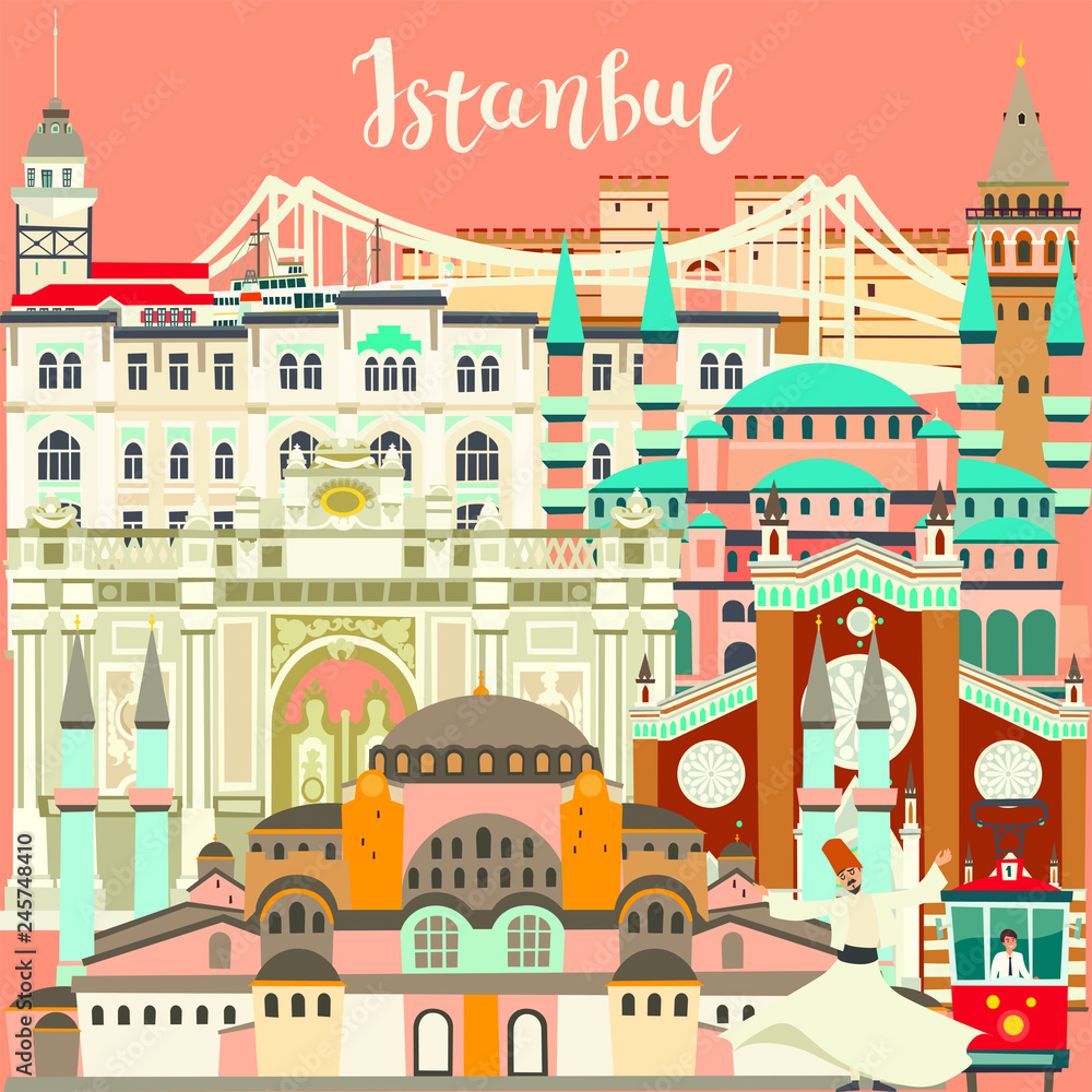 Istanbul City colorful vector card. Famous Istanbul building. Mosque and Turkey landmarks abstract panoramic street