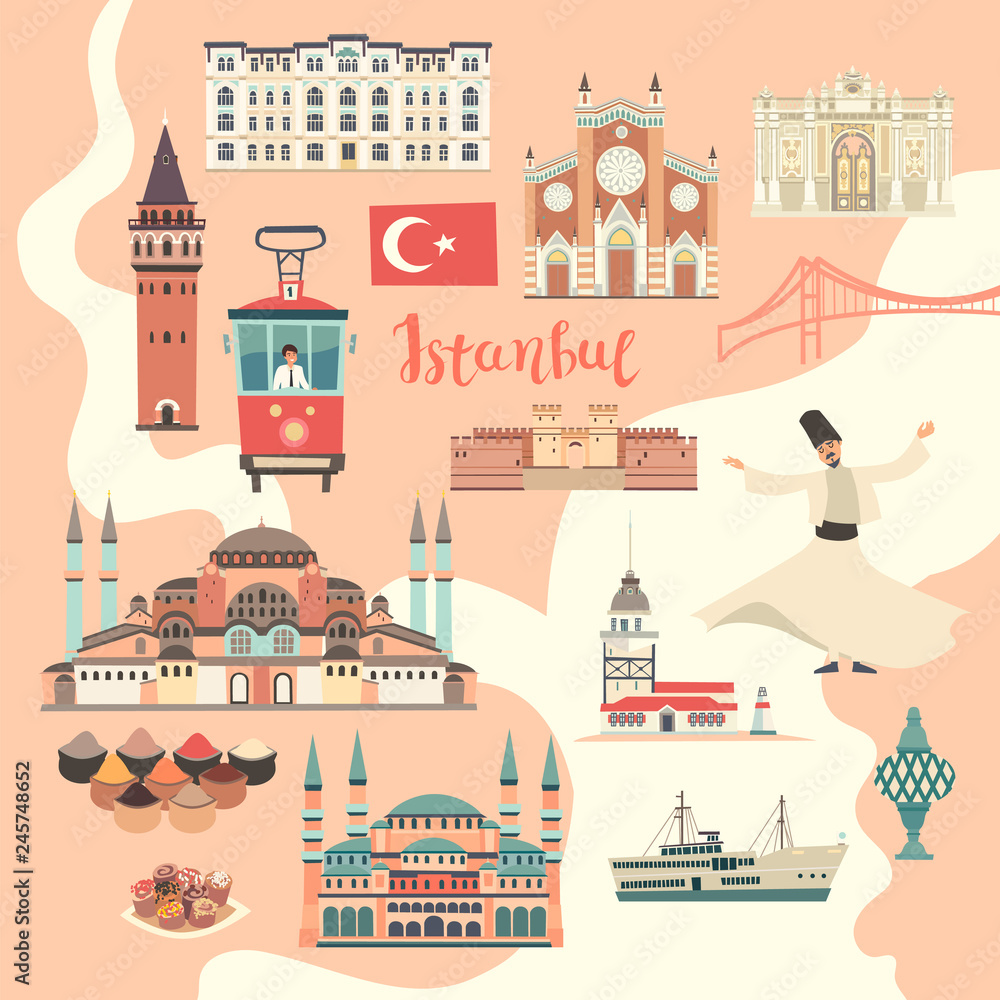 Fototapeta premium Istanbul City colorful vector map. Famous Istanbul building. Mosque and Turkey landmarks card atlas