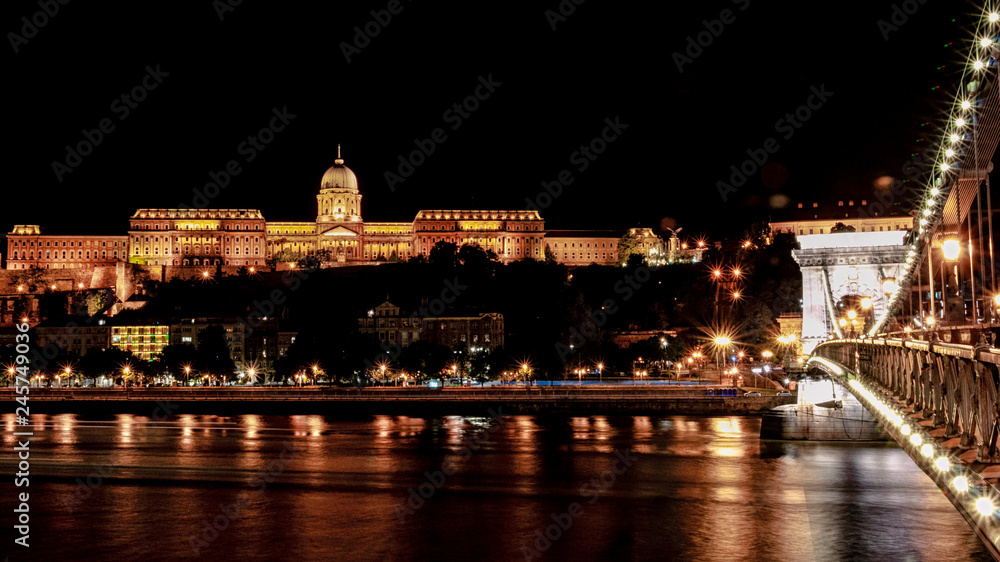 Budapest castle and chain bridge at night