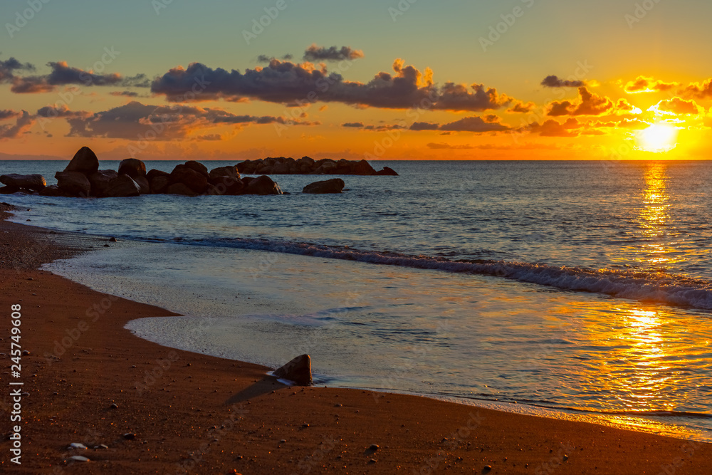 Landscape of sunrise on the sea beach, Santorini, Greece - obrazy, fototapety, plakaty 