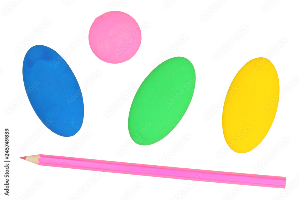 Colored pencils and erasers isolated on white