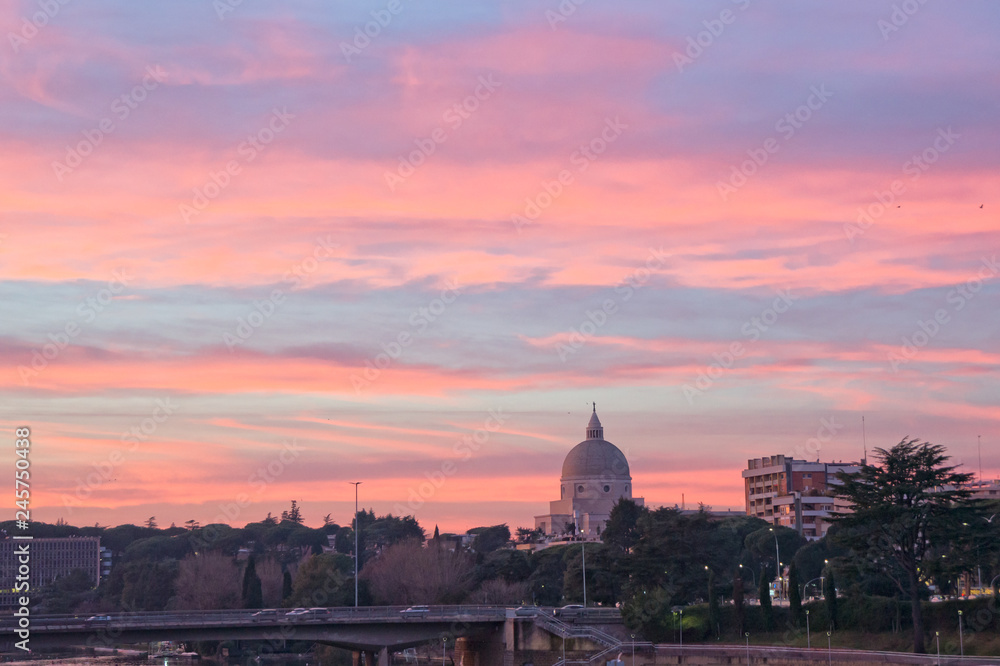 View of the Eur district in Rome Italy at sunset