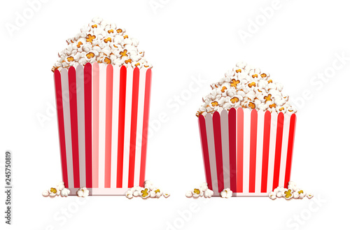 Paper bag full of popcorn isolated on white background.
