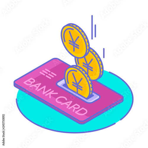 Line isometric illustration of yen and yuan coins droping into credit card. The depositing japanese and chinese money into an account, mobile banking, transaction, transfer, business vector concept.