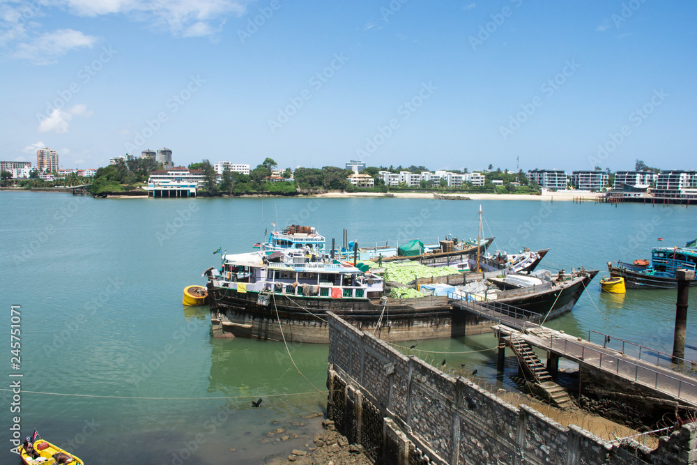 Mombasa old port. Old town in Mombasa. View from fish market.
