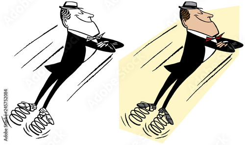 A confident man with a literal spring in his step.