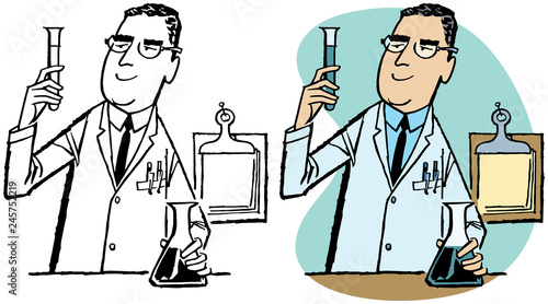 A scientist mixes chemicals in a beaker during an experiment.