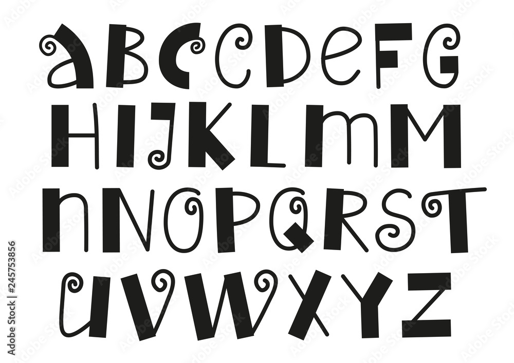 Decorative latin alphabet with swirls in black isolated on white background for text, inscription, greeting card, typography, title, design, lettering, children, cover Decorative latin alphabet with swirls in black isolated on white background for text, inscription, greeting card, typography, title, design, lettering, children, cover