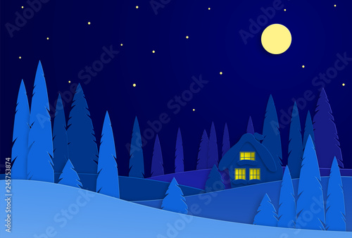 Winter landscape with house on a moonlit night. Snowy trees in a park or forest. Design in the style of paper art. Vectorillustration