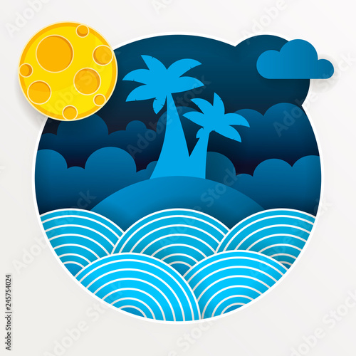 Tropical Storm In The Ocean With Big Waves In Paper Style. Vector