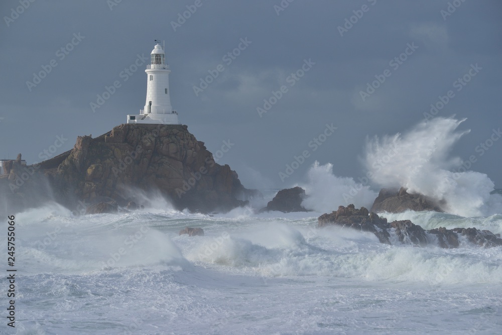 La Corbiere lighthouse, Jersey, U.K. Winter storm.