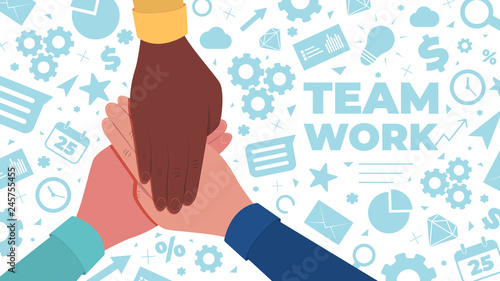 Hands together. Symbol of teamwork and unity. People putting their hands together on a icons background. Top view. Vector flat illustration