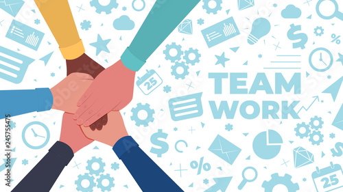Hands together. Symbol of teamwork and unity. People putting their hands together on a icons background. Top view. Vector flat illustration
