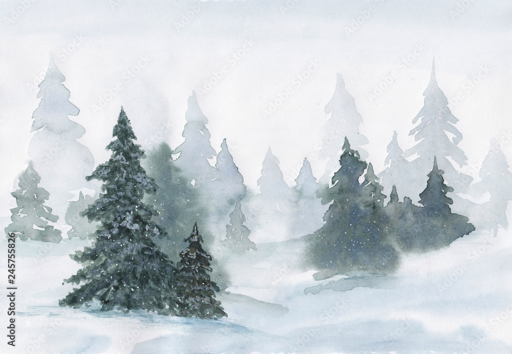 watercolor hand drawn painting winter forest on a snowy day