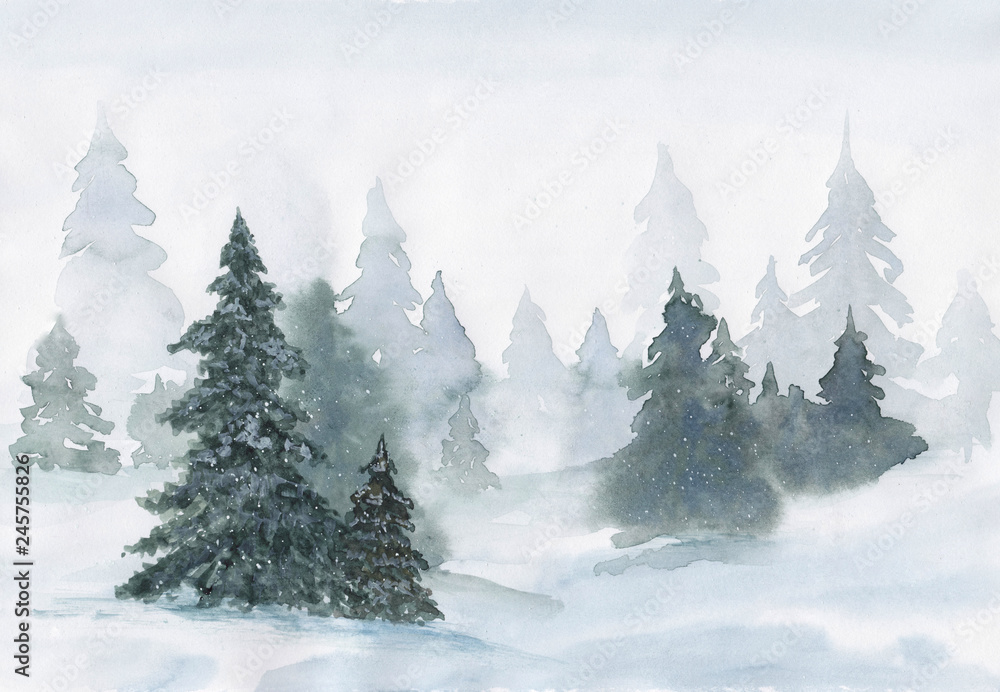 Watercolor Hand Drawn Painting Winter Forest On A Snowy Day Stock