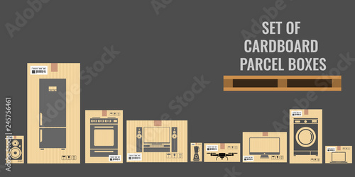 Set of different cardboard boxes with different real sizes and of various household and utensil equipments. Flat vector illustration.