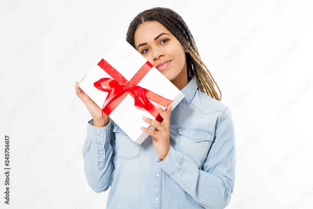 happy afro american woman with present box isolated on white background happy afro american woman with present box isolated on white background