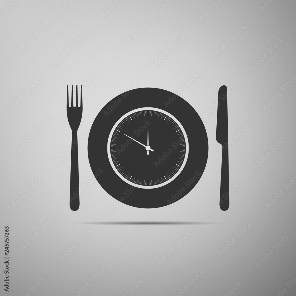 Plate with clock, fork and knife icon isolated on grey background. Lunch time. Eating, nutrition regime, meal time and diet concept. Flat design. Vector Illustration Plate with clock, fork and knife icon isolated on grey background. Lunch time. Eating, nutrition regime, meal time and diet concept. Flat design. Vector Illustration