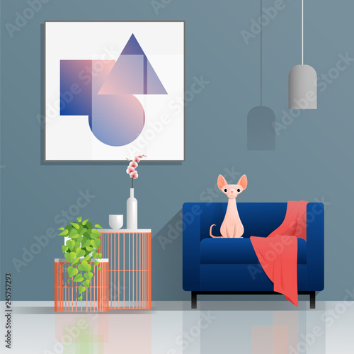 Colorful living room background with furniture and cat , vector , illustration